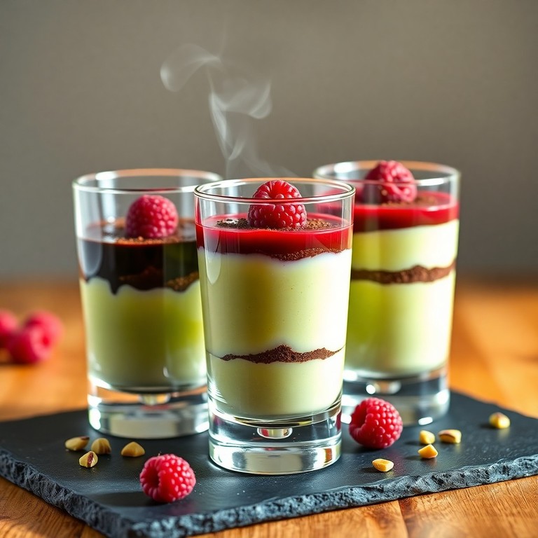 Verrines Sophistiquées Framboise, Crème de Pistache et Infusion de Café