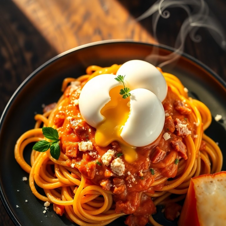 Pâtes Crémeuses aux Tomates, Jambon et Œufs Pochés