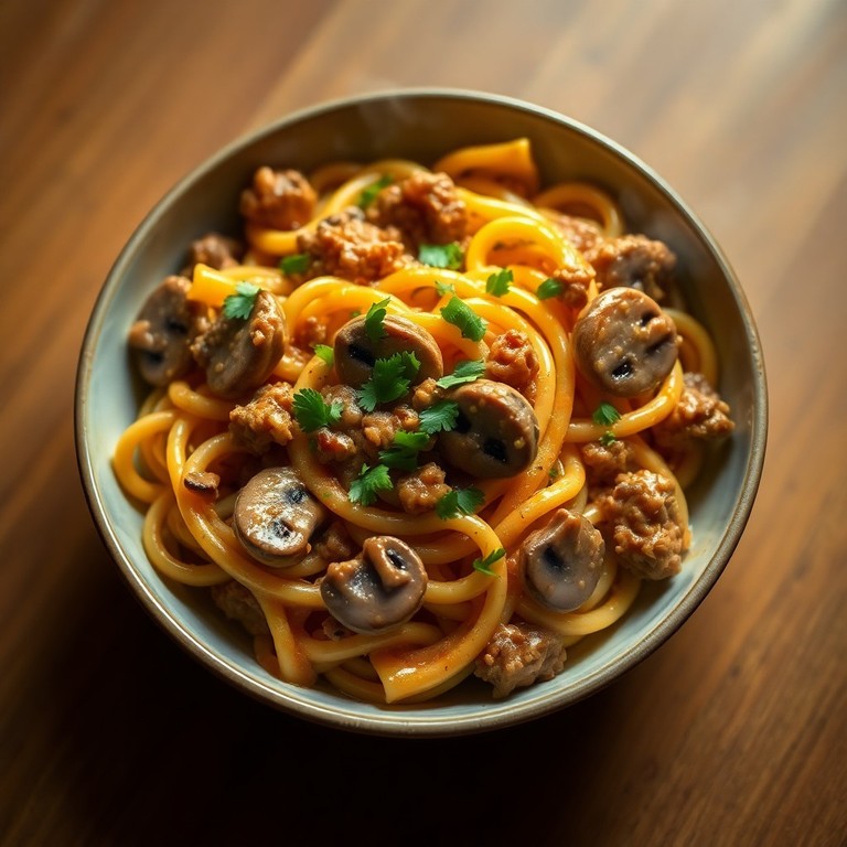 Pasta con Champiñones y Carne Molida en Salsa de Queso Asadero
