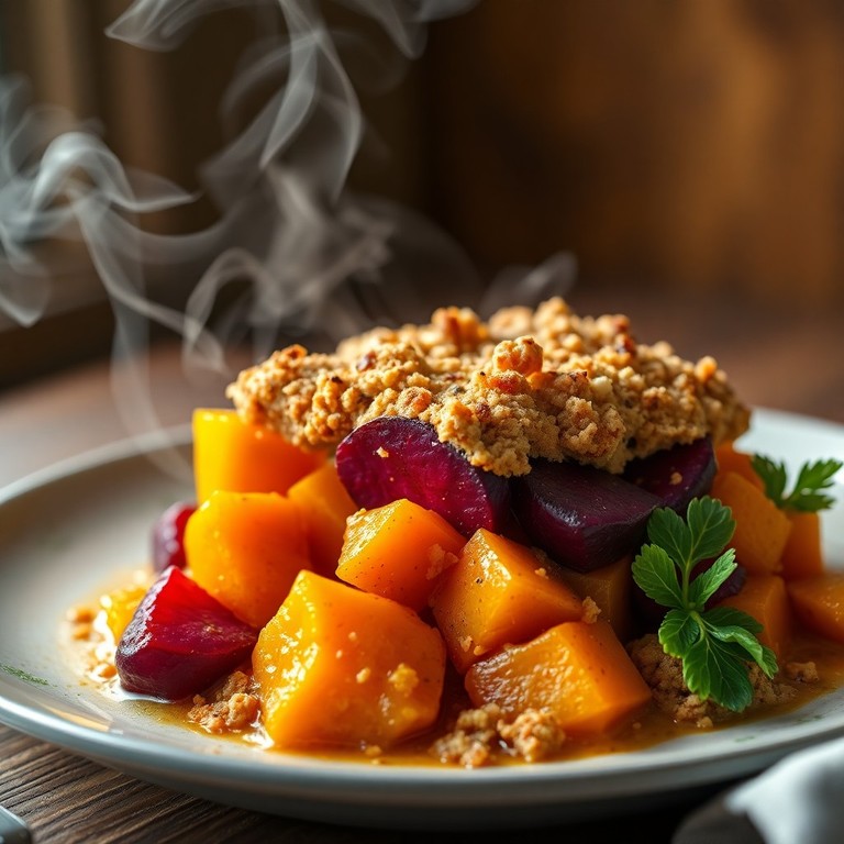 Kürbis-Rote-Bete-Auflauf mit Mungdal-Erdmandelkruste