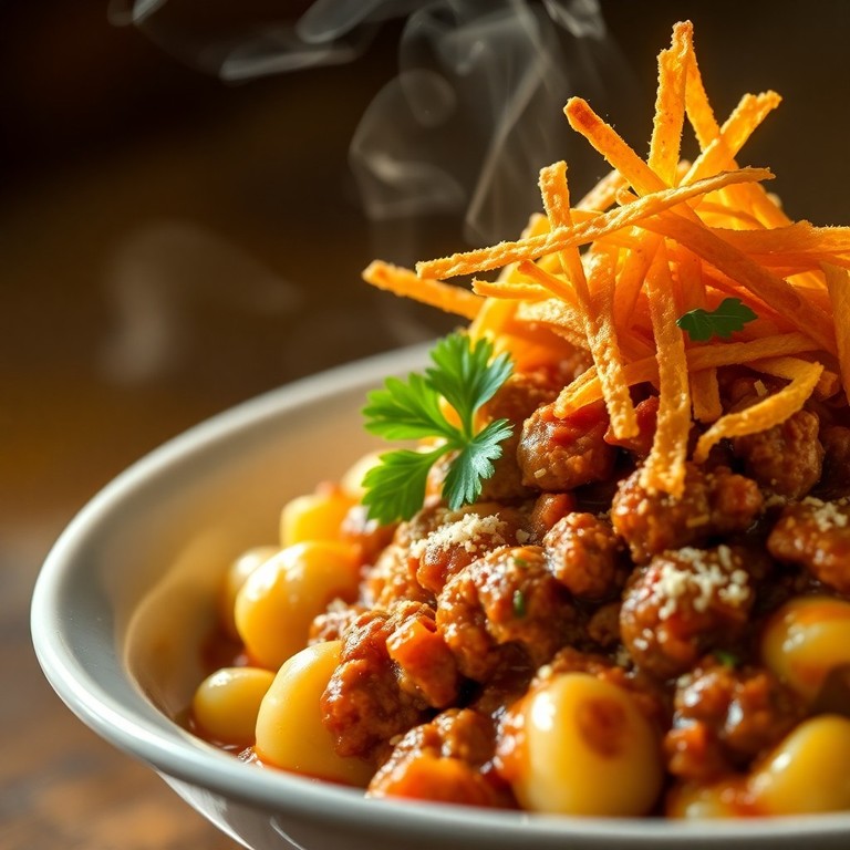 Bolognaise de Bœuf Haché Express sur Gnocchis Maison et Copeaux de Cordon Bleu Croustillant