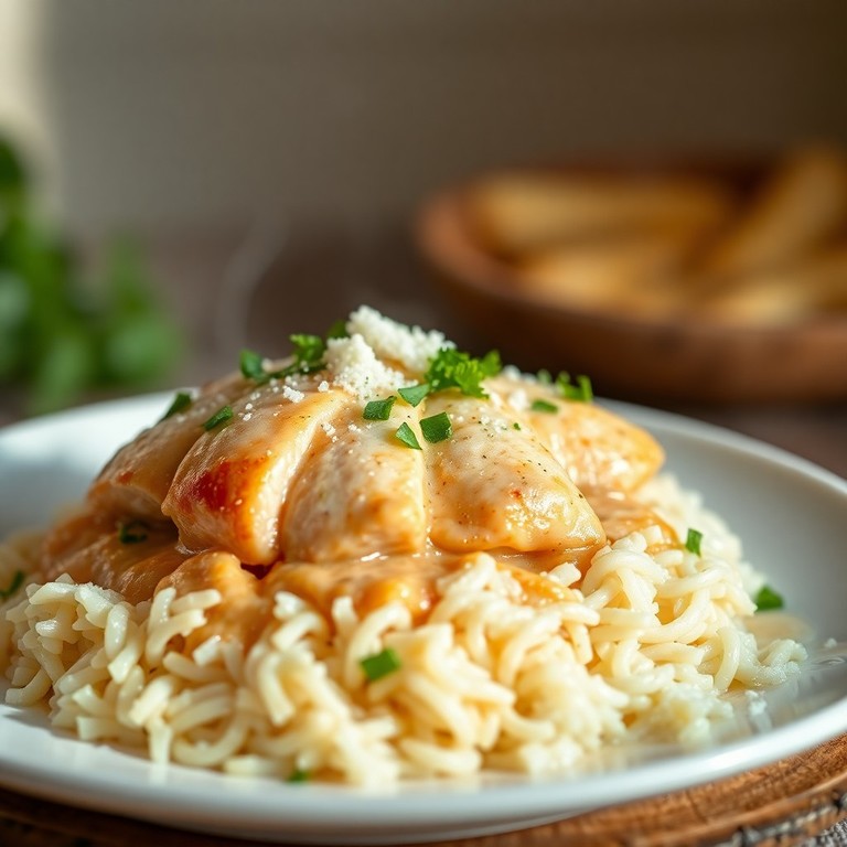 Cremiges Hähnchengeschnetzeltes in Knoblauch-Sahnesoße mit Reis (Ohne Parmesan)