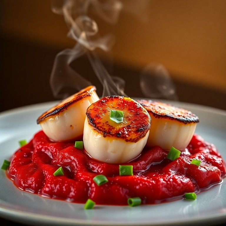 Noisettes de Saint-Jacques Poêlées, Écrasé de Poivrons Rouges Rôtis