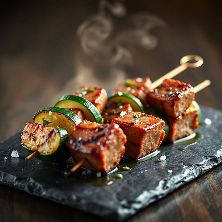 Brochettes de Courgettes Marinées et Steak Haché Grillé