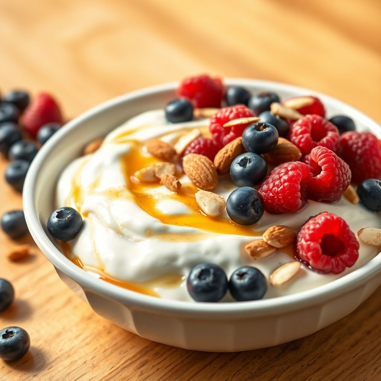 Griechischer Joghurt mit Waldbeeren und gerösteten Mandeln