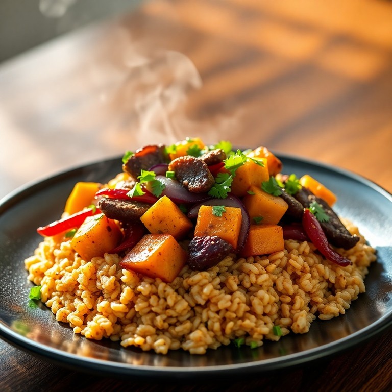 Salteado de Ternera con Calabaza y Arroz Integral Especiado