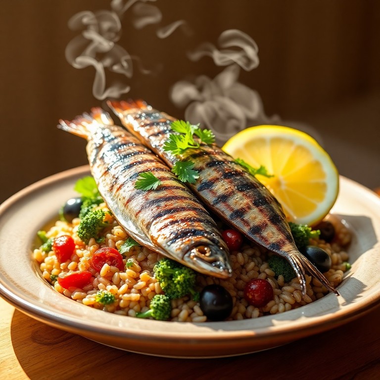 Sardinas a la Parrilla con Ensalada Mediterránea de Arroz Integral y Brócoli