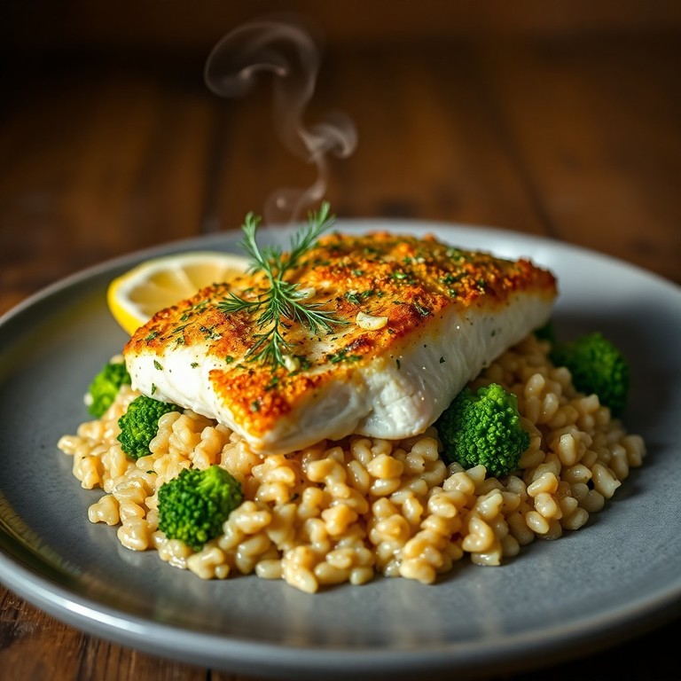 Merluza al Horno con Costra de Hierbas y Arroz Integral Cremoso