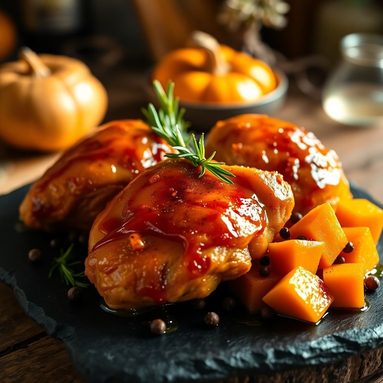 Muslos de Pollo Glaseados con Calabaza Rostizada y Romero