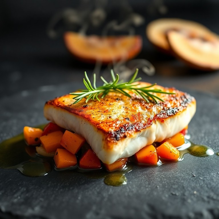 Merluza a la Plancha con Escalivada de Batata y Romero