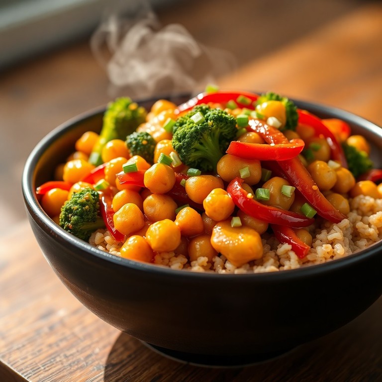 Salteado Asiático de Garbanzos, Brócoli y Pimientos con Salsa de Jengibre y Arroz Integral