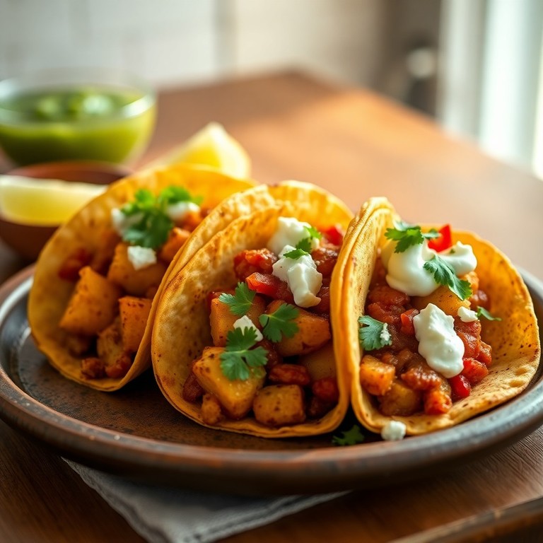 Tacos de Papa con Chorizo y Crema Agria