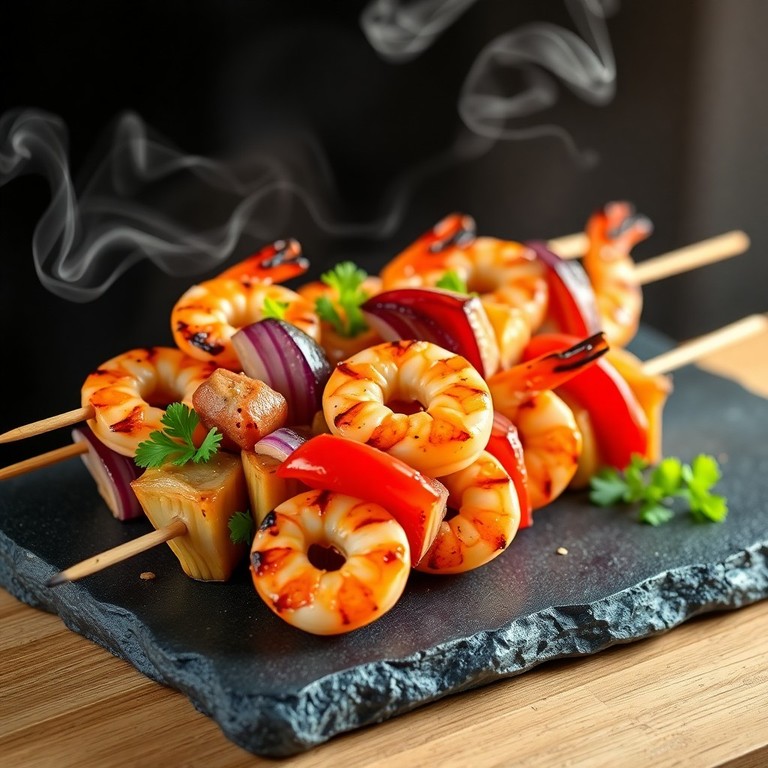 Brochetas Marinadas de Langostinos y Corazones de Alcachofa a la Parrilla