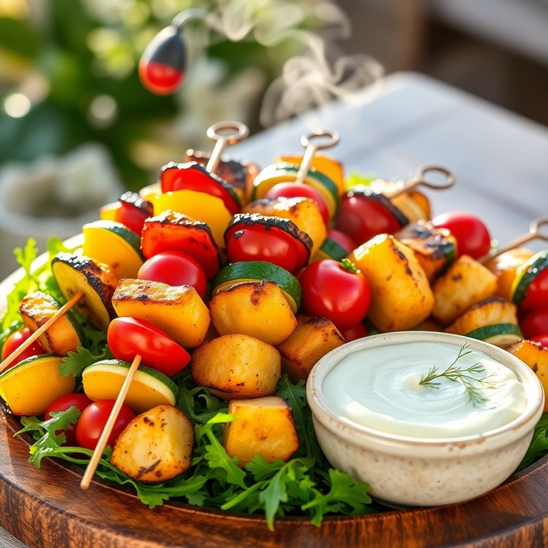 Mediterrane Kartoffel-Gemüse-Spieße mit Kräuterdip