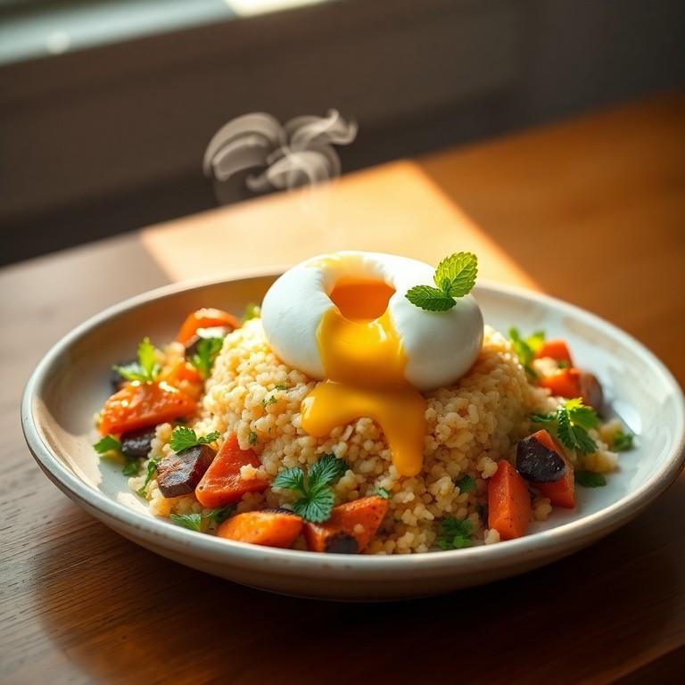 Cuscuz Marroquino com Sardinha, Legumes Assados e Ovos Poché