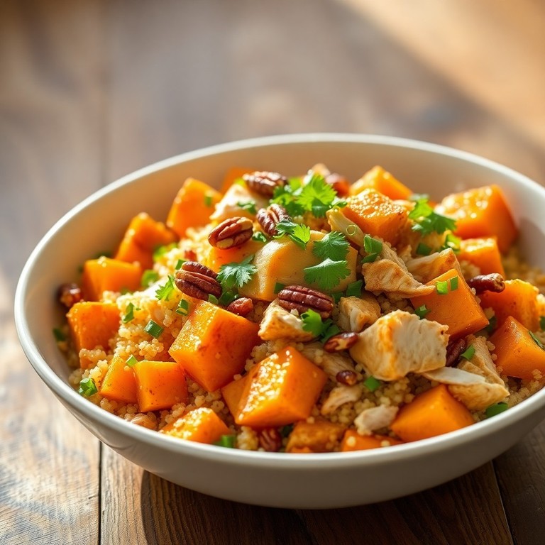 Salade Tiède de Quinoa, Poulet Effiloché et Patates Douces Grillées