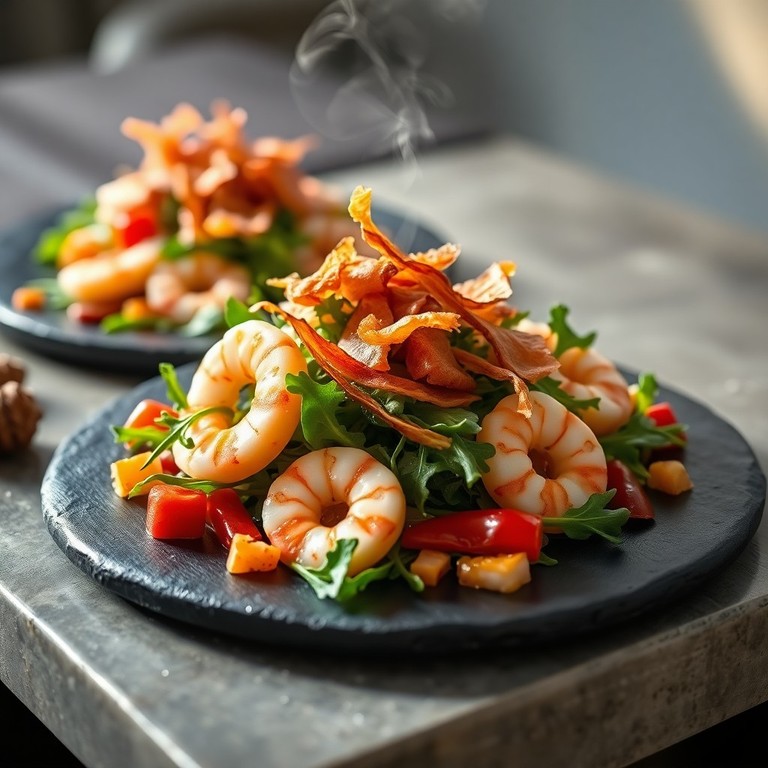 Ensalada Tibia de Mariscos con Vinagreta de Jamón Ibérico y Salmón Ahumado