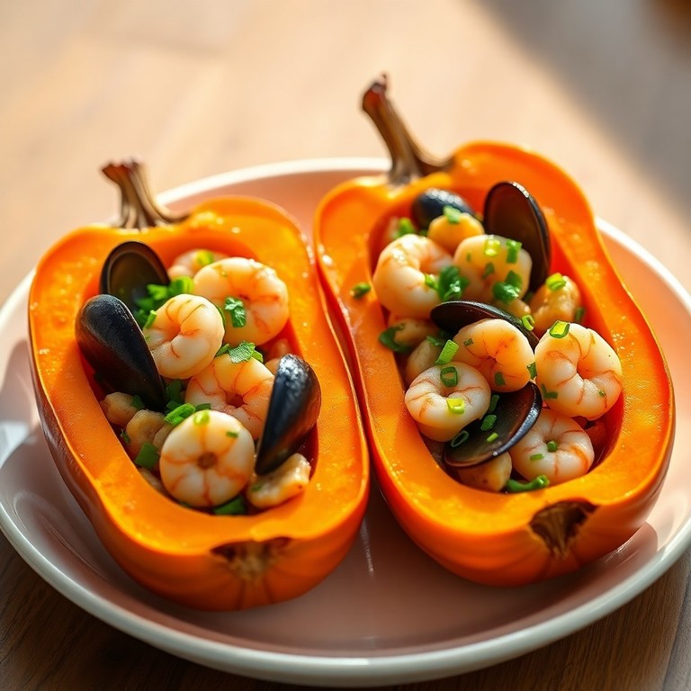 Gefüllter Mikrowellenkürbis mit Meeresfrüchten und Kräutern (Mikrowellen-Zubereitung)