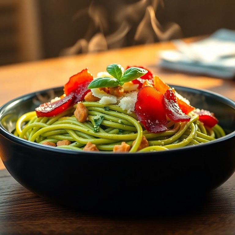 Espaguetis Cremosos con Pesto, Tocino Crujiente y Chorizo Ahumado