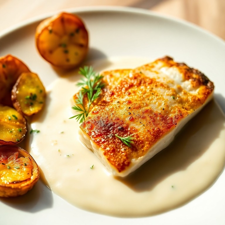 Gebratener Seelachs auf Rahm-Dill-Sauce mit Zitronen-Kartoffeln