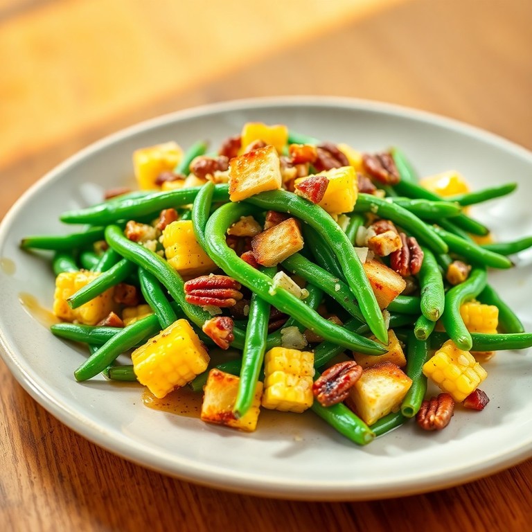 Salade Tiède de Haricots Verts et Maïs Grillé, Vinaigrette Rustique au Pain Grillé
