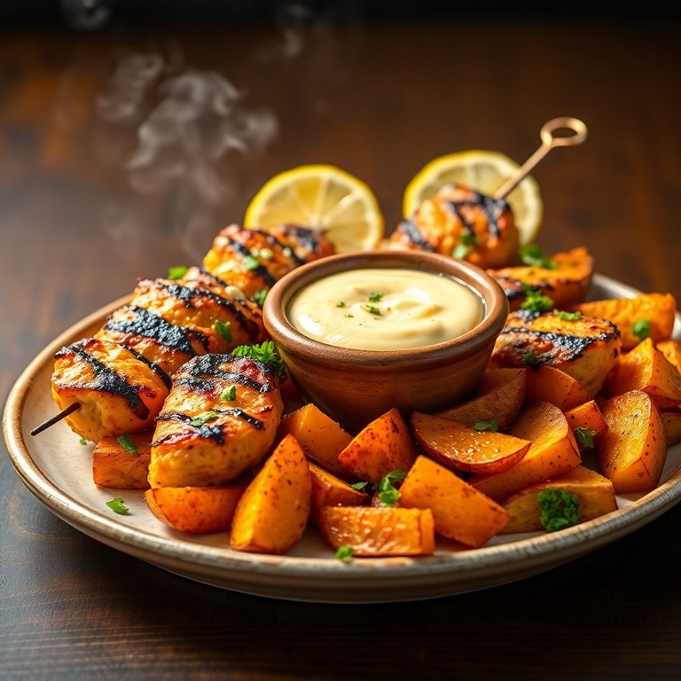 Greek Lemon Chicken Skewers with Warm Allegro Cheese Dip