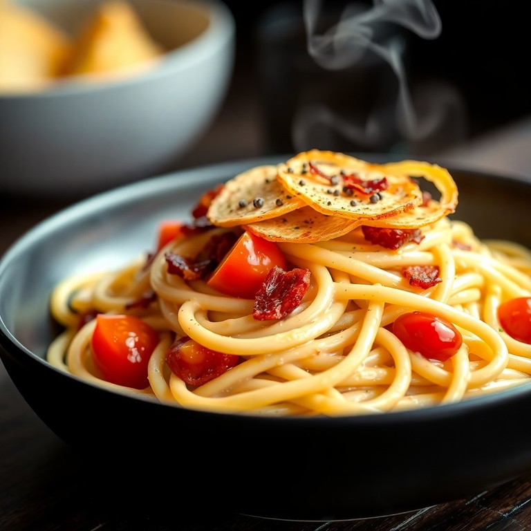 Spaghetti Cremoso com Bacon, Tomate Cereja e Batata Gratinada