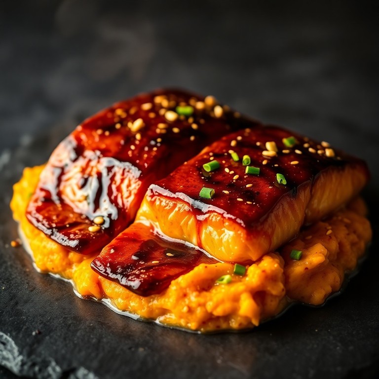 Saumon Teriyaki Épicé au Four, Purée de Patates Douces au Chili