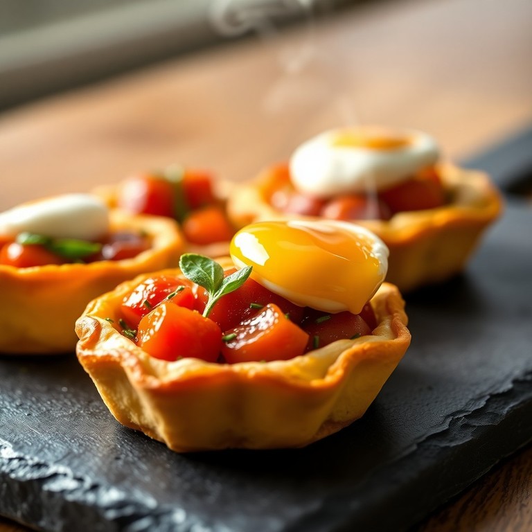 Tartelettes Croustillantes aux Œufs Pochés, Tomates Confites et Basilic