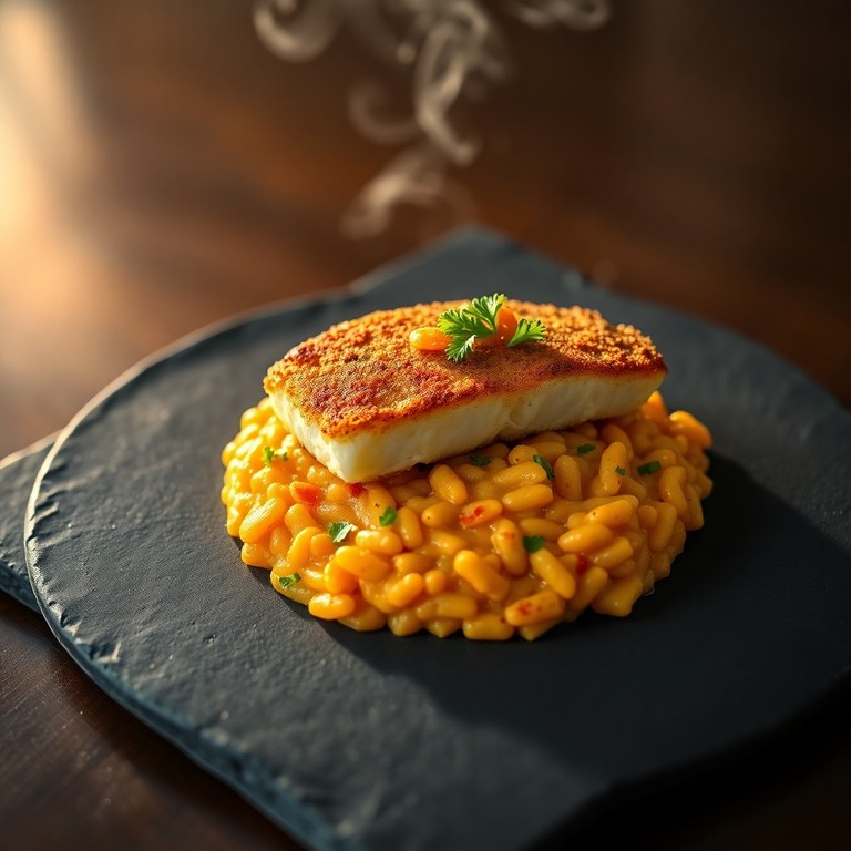 Cabillaud Poêlé, Risotto Crémeux au Chorizo et Épices Douces