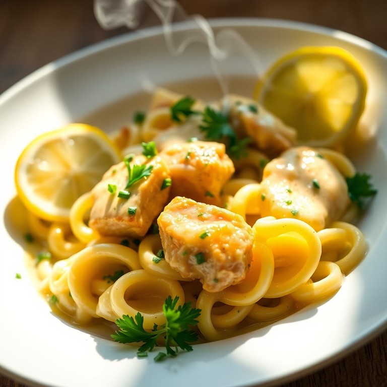 Vegane Filetstücke in cremiger Zitronen-Kräuter-Sauce mit Tortellini