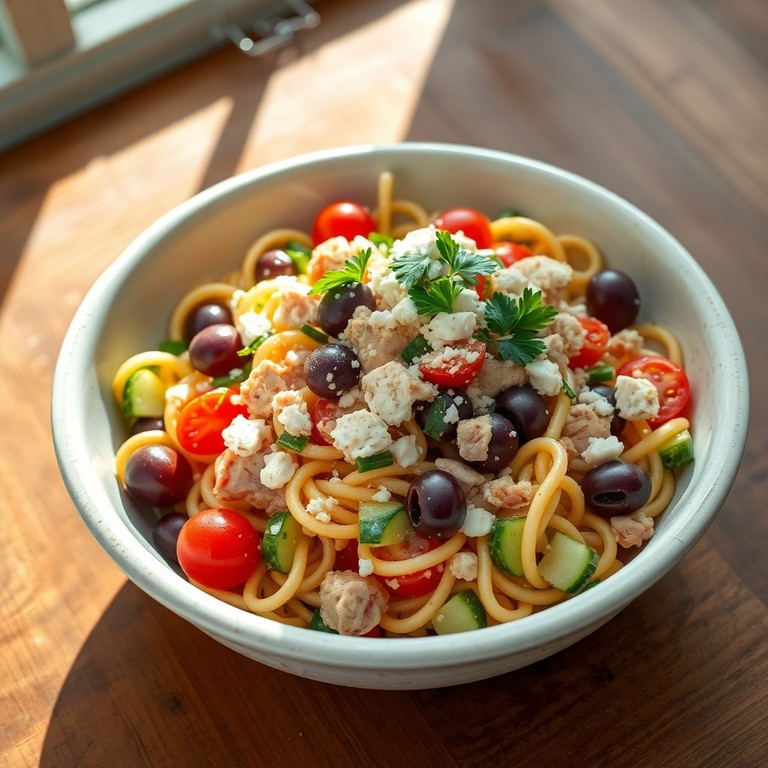 Salada de Macarrão Mediterrânea com Atum e Vegetais Crocantes