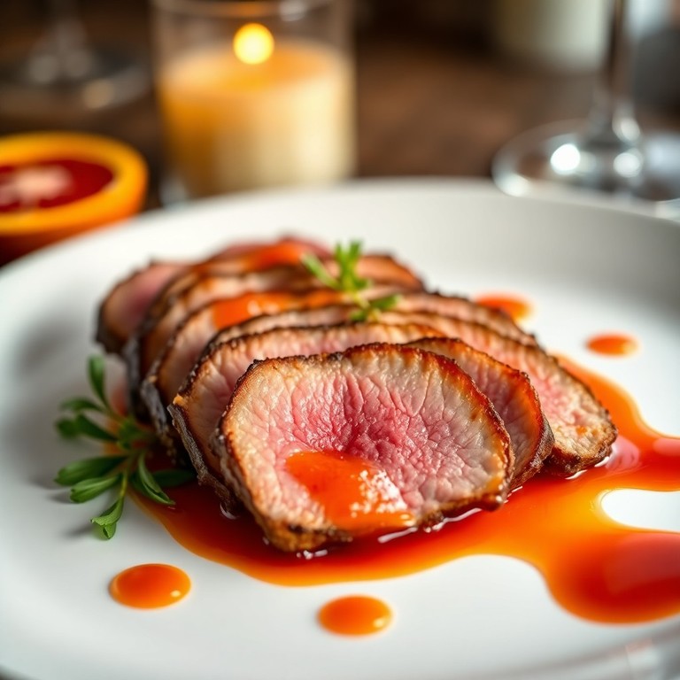 Magret de Canard Glacé au Miel et Orange Sanguine avec Garniture d'Épinards Sautés