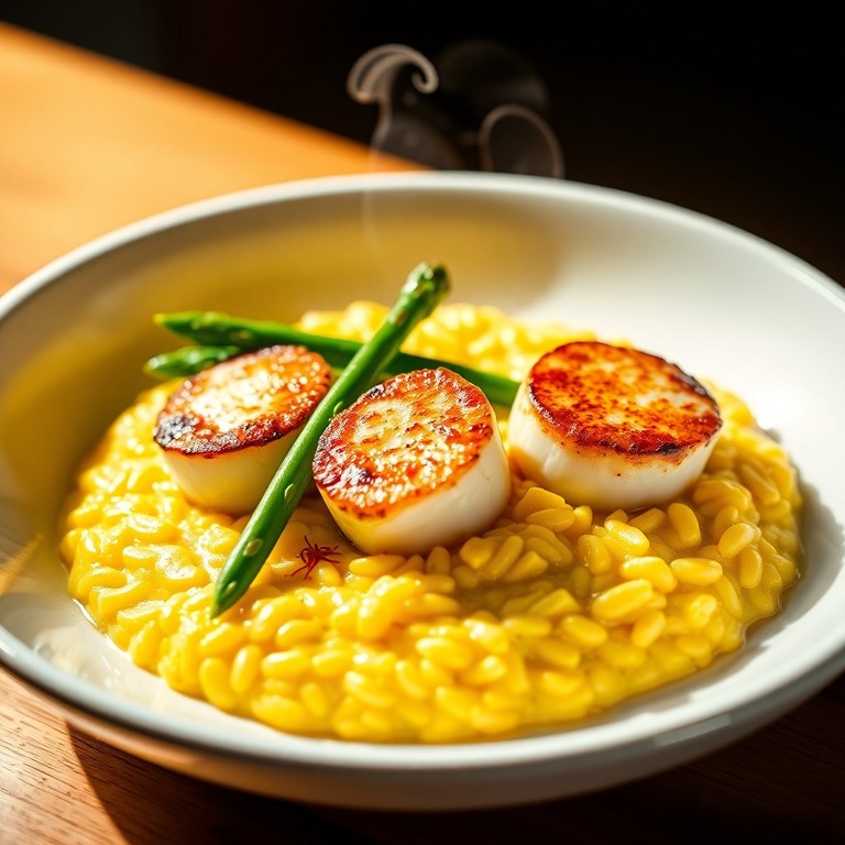 Saint-Jacques Poêlées, Risotto Crémeux au Safran et Asperges Vertes