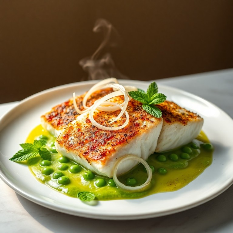 Tentazione di Sarago al Forno su Crema di Piselli e Menta con Cipolla