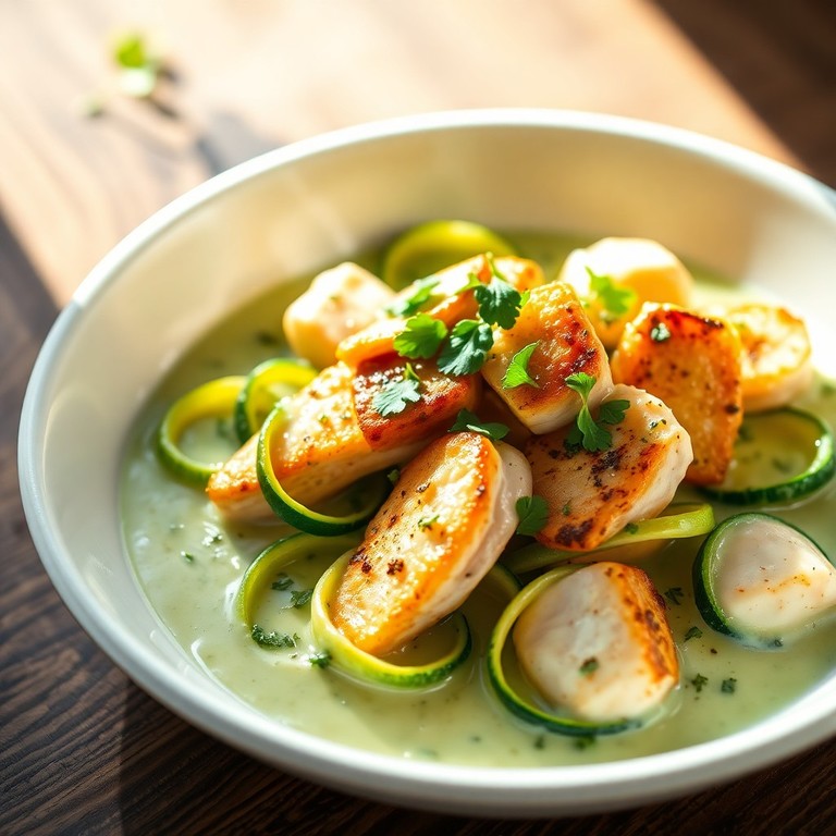 Pollo Salteado con Calabacín Cremoso y Hierbas Frescas