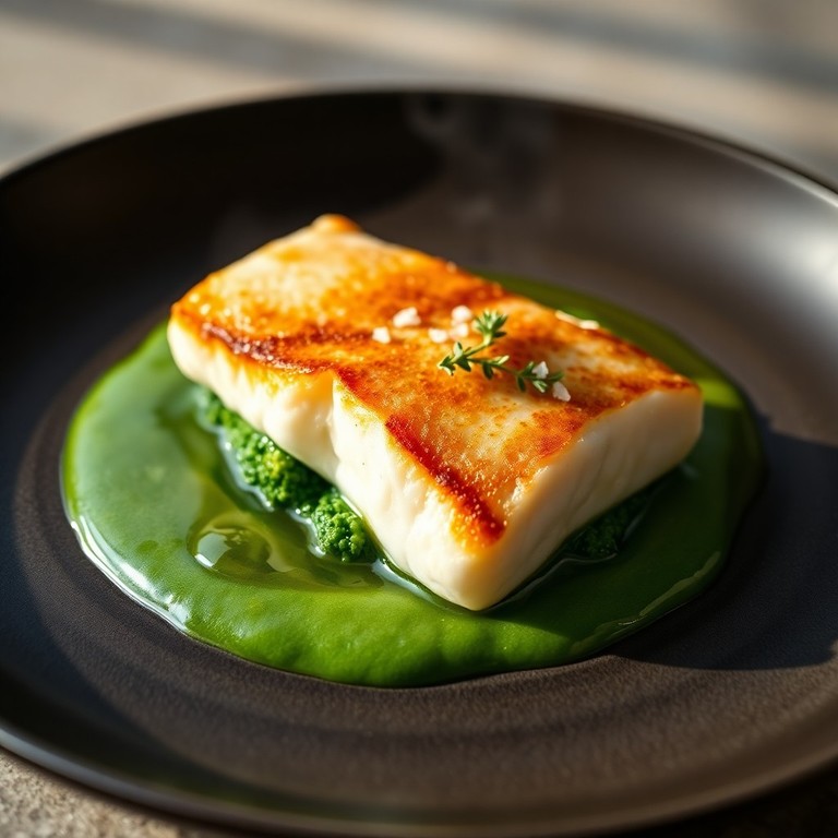 Merluza a la Plancha sobre Crema de Brócoli y Aceite de Oliva Virgen Extra