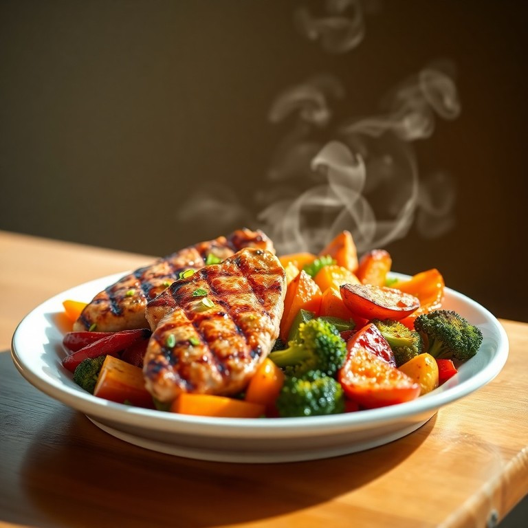 Pollo a la Plancha con Vegetales Salteados y Batata Asada