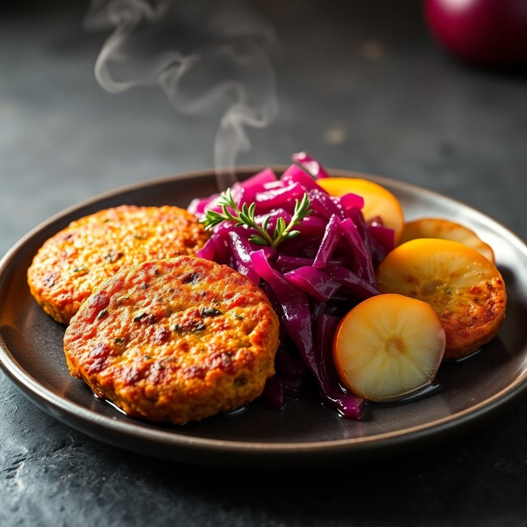 TVP 'Sausage' Patties with Braised Red Cabbage and Apple