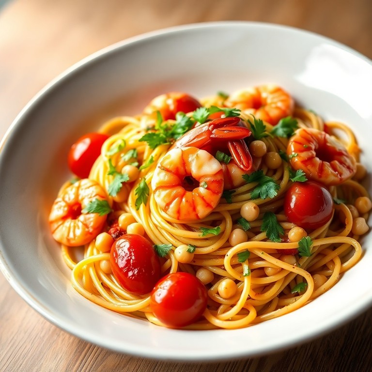 Spaghetti con Ceci, Gamberi e Pomodorini Confit
