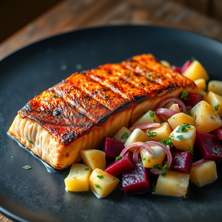 Salmón a la Parrilla con Ensalada de Patatas y Remolacha