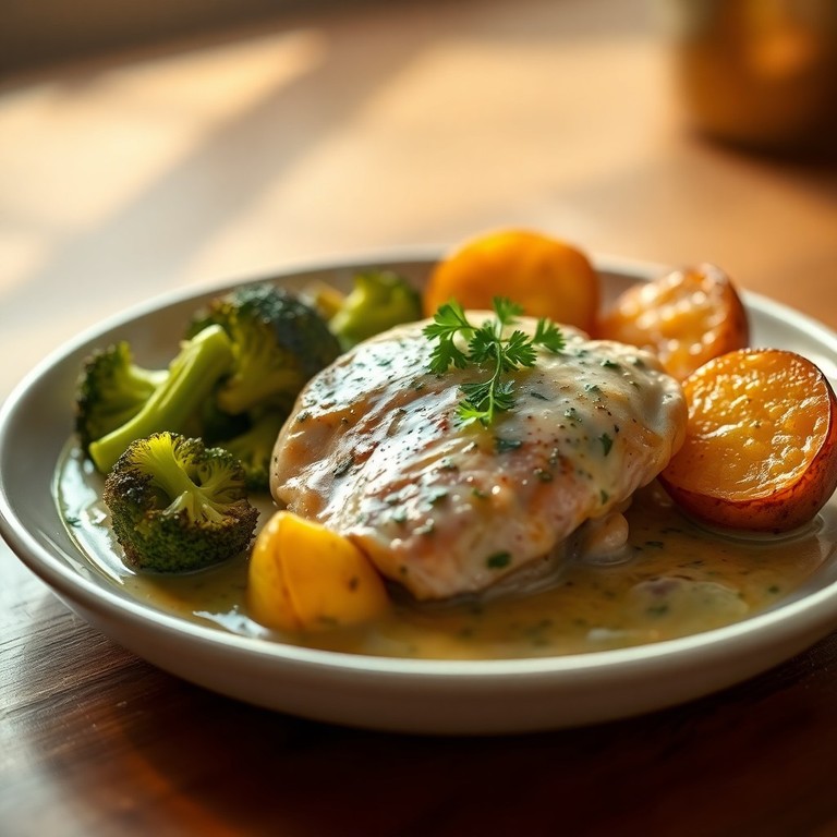 Ofenhähnchen mit Kräuter-Sahne-Sauce und gekochtem Brokkoli