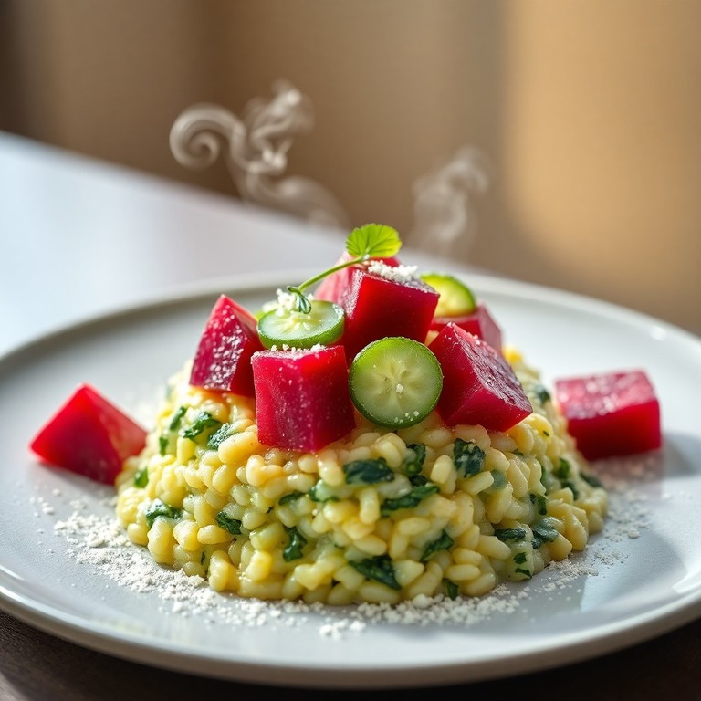 Risoto Mediterrâneo de Legumes com Crocante de Beterraba e Pepino