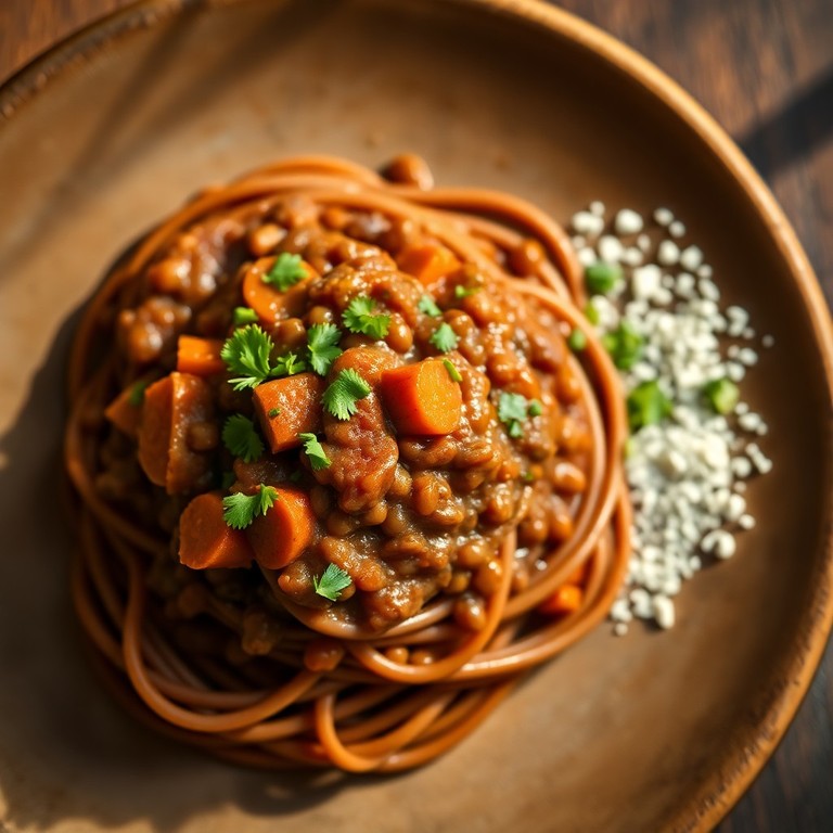 Herzhafte Linsen-Bolognese mit Vollkornspaghetti