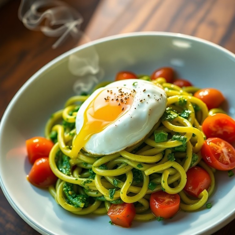 Coquillettes Sautées au Pesto Vert, Tomate Confite et Œuf Poché