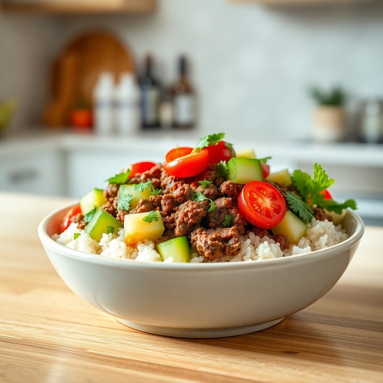 Mediterrane Rinderhack-Reis-Bowl mit frischen Kräutern