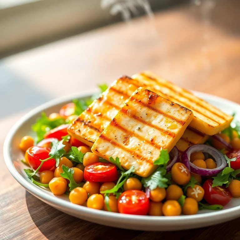 Salada Morna de Grão de Bico com Queijo Halloumi Grelhado