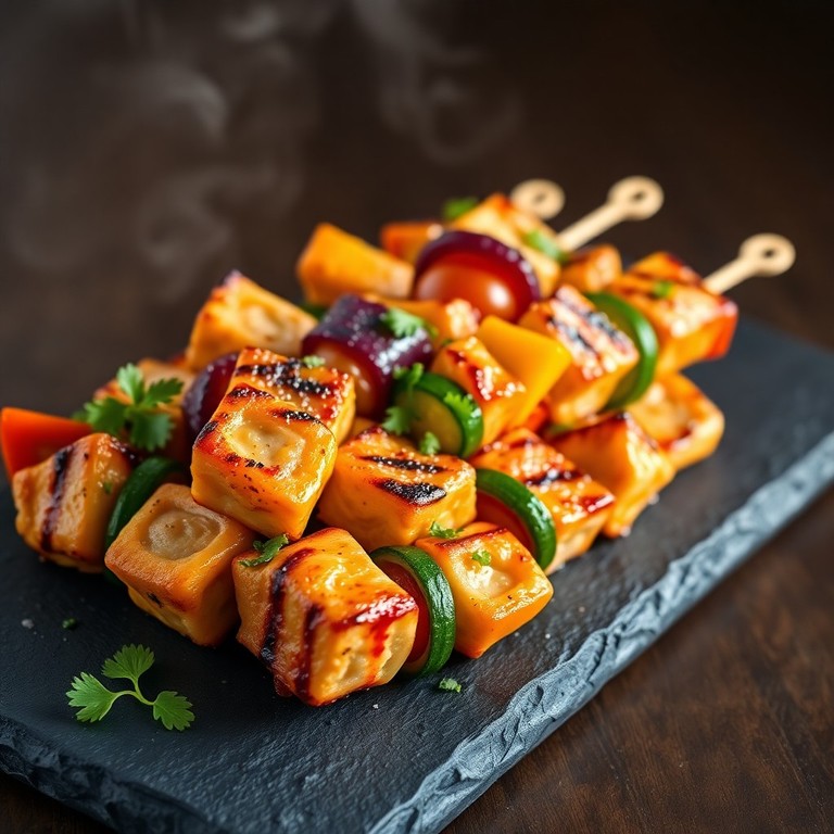 Brochettes de Poulet Mariné aux Herbes et Macédoine Méditerranéenne Grillée