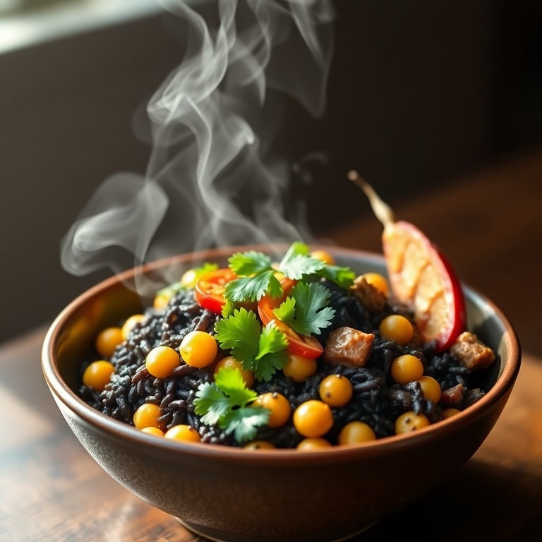 Riz Noir Frit Épicé aux Pois Chiches et Sardines, Parfum de Galanga