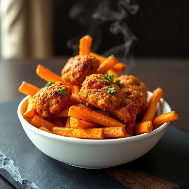 Spicy Air Fryer Chicken Bites with Sweet Potato Fries